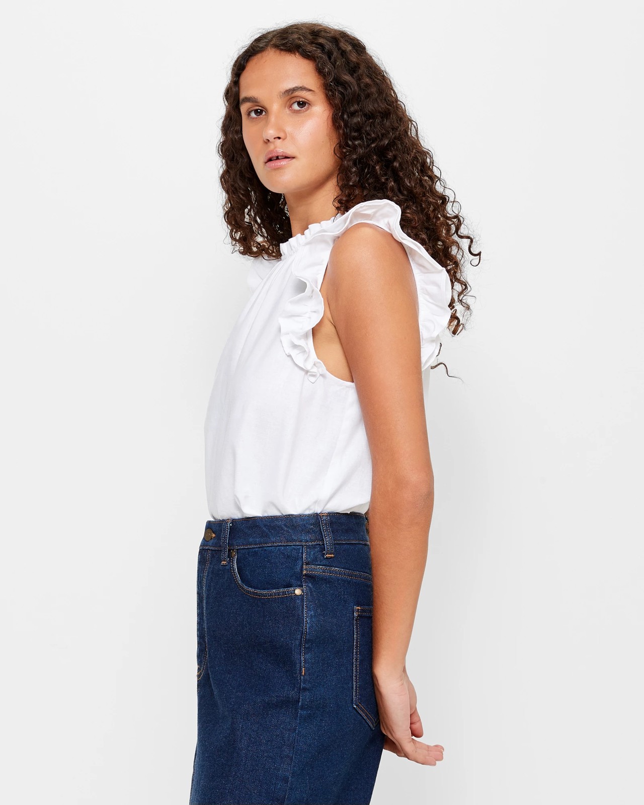 Linen Blend Sleeveless Frill High Neck Top 3 of 5