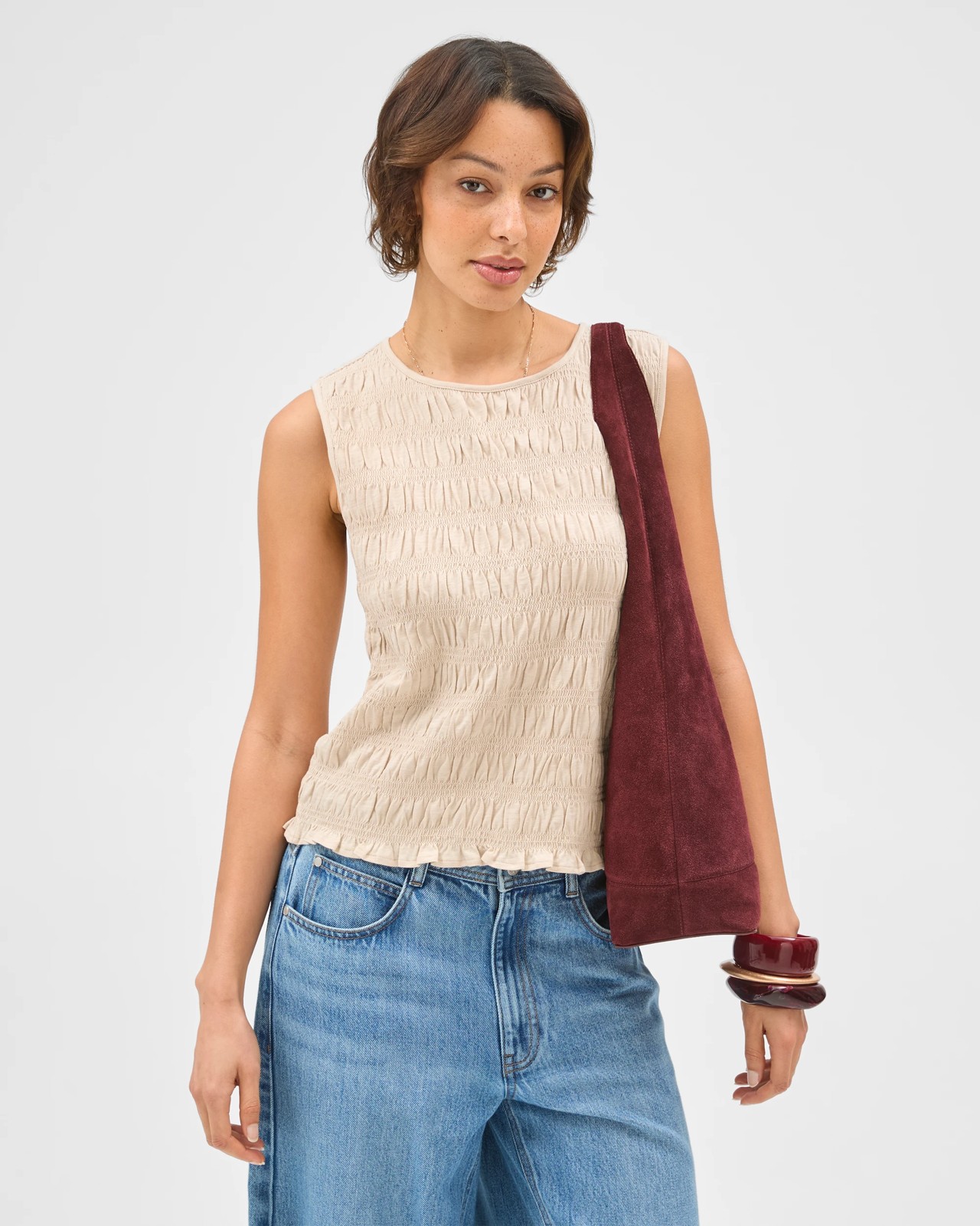 Australian Cotton Sleeveless Shirred Tank Top - Oatmeal marle 3 of 6