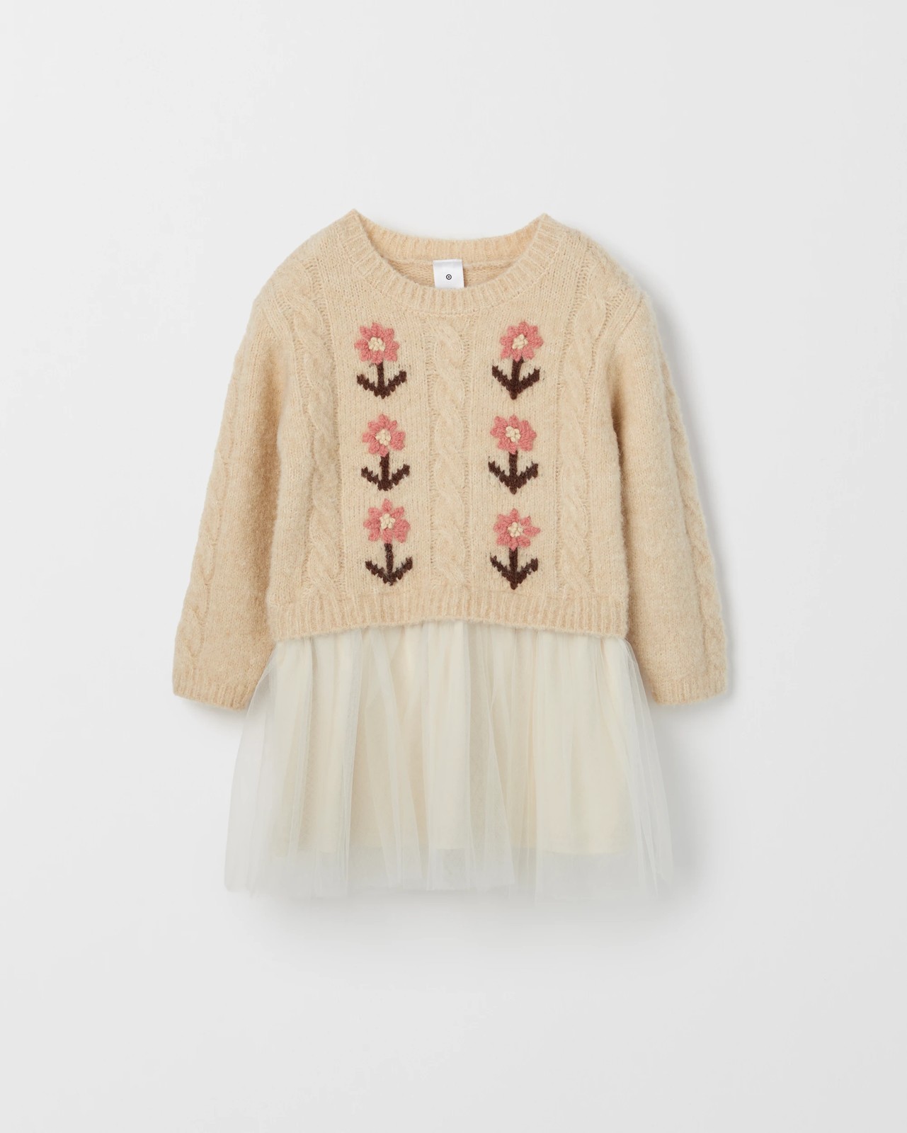 Long Sleeve Knit Sweater Tulle Embroidered Dress - Gardenia Cream 6 of 6