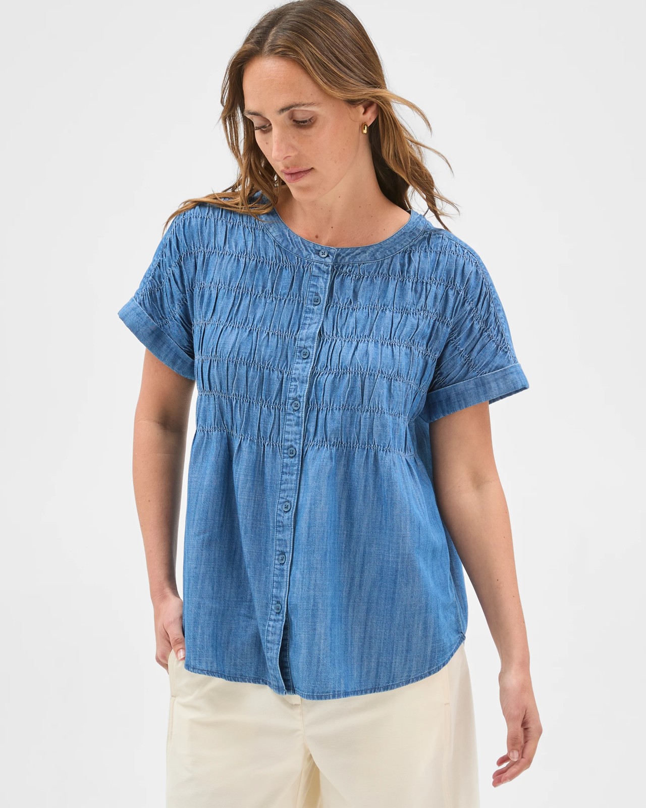 Cotton Blend Short Sleeve Shirred Button Through Top 4 of 6