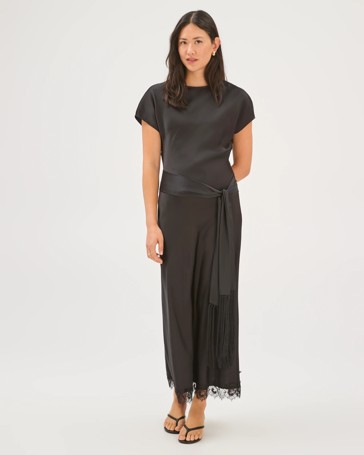 Preview Lace Trim Satin Midi Dress