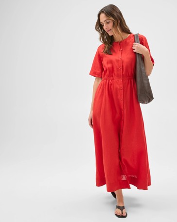European Linen Short Sleeve Midi Femme Dress