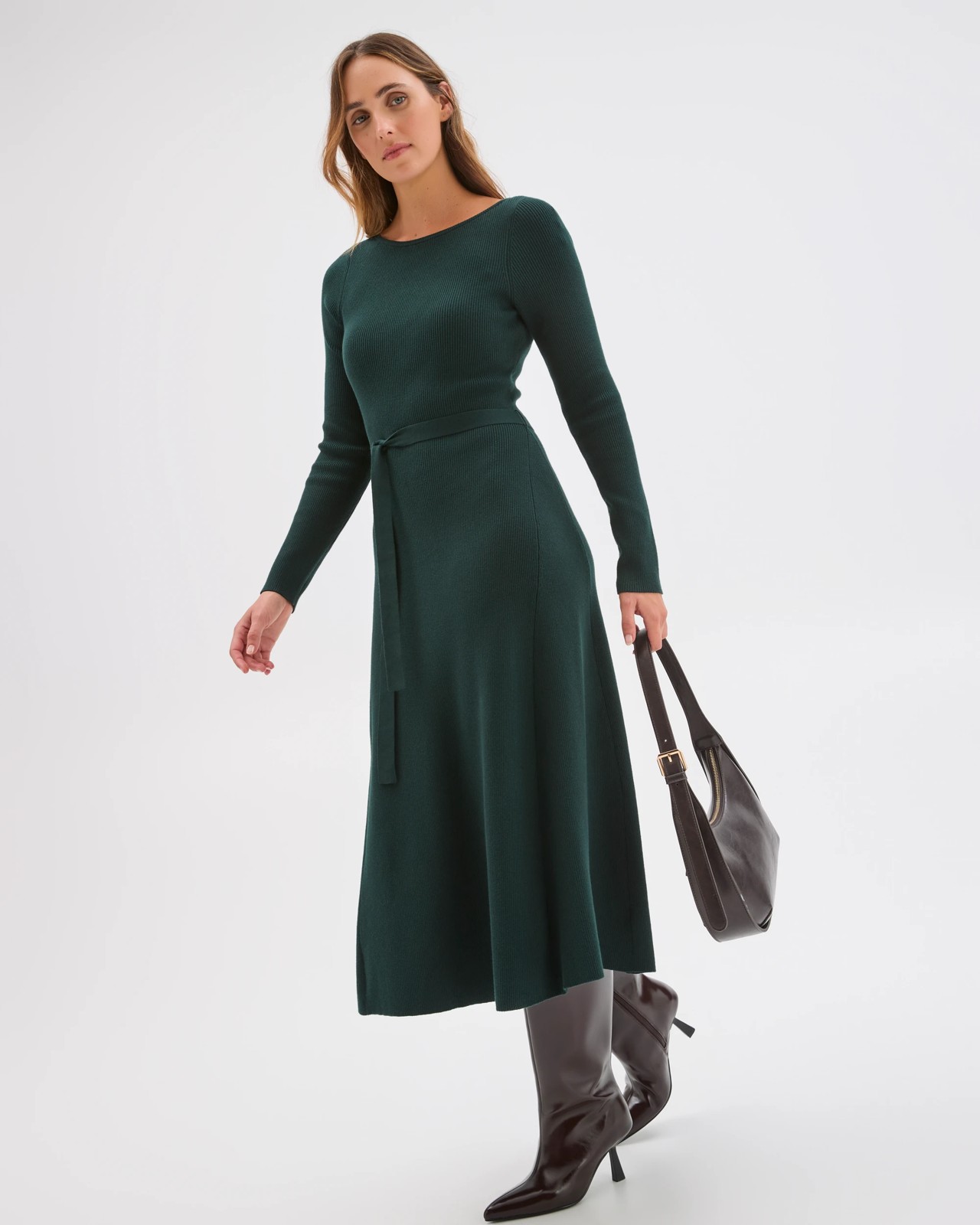 Preview Australian Cotton Blend Long Sleeve Knit Midi Dress - Mid Jade 3 of 3