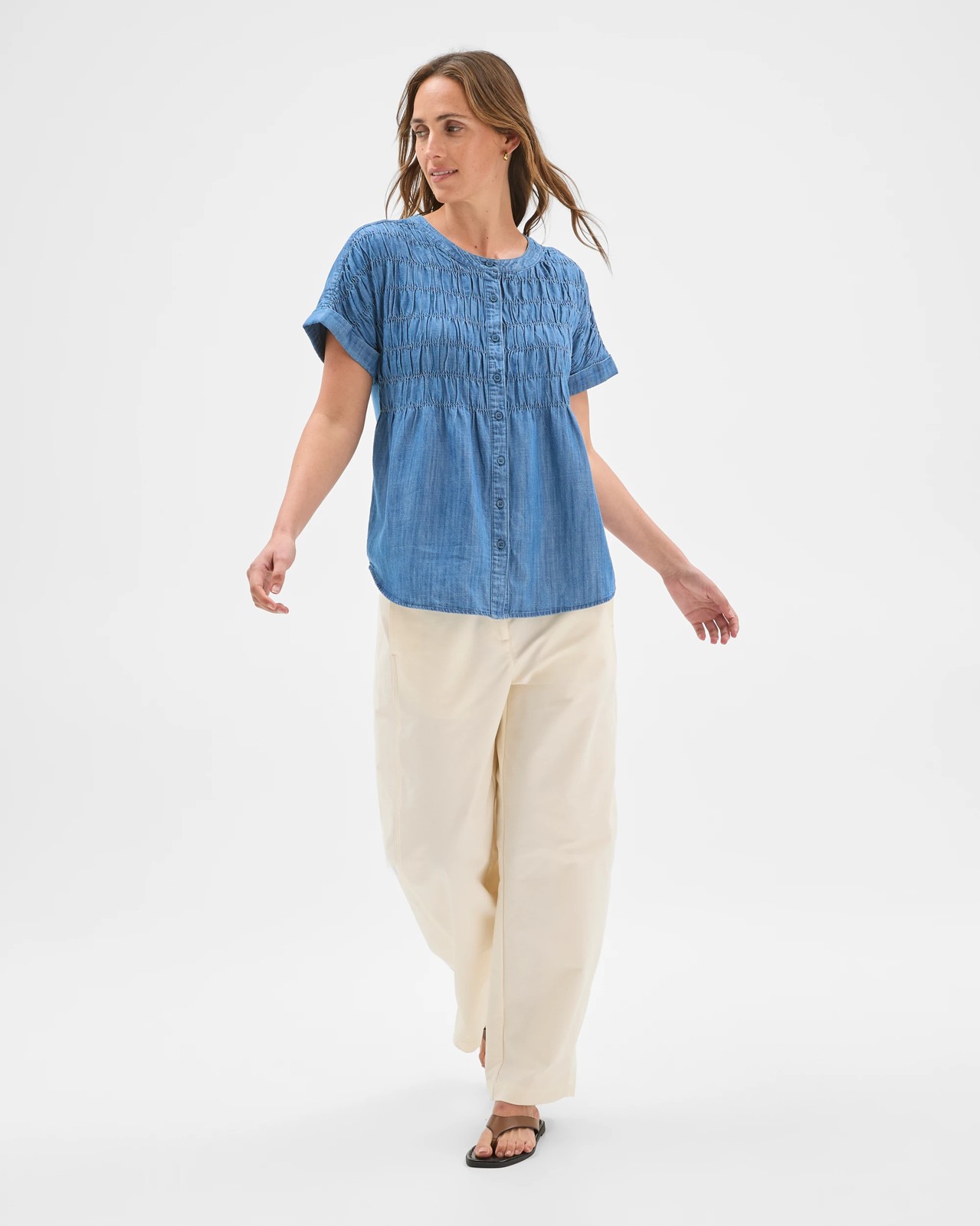 Cotton Blend Short Sleeve Shirred Button Through Top 2 of 6