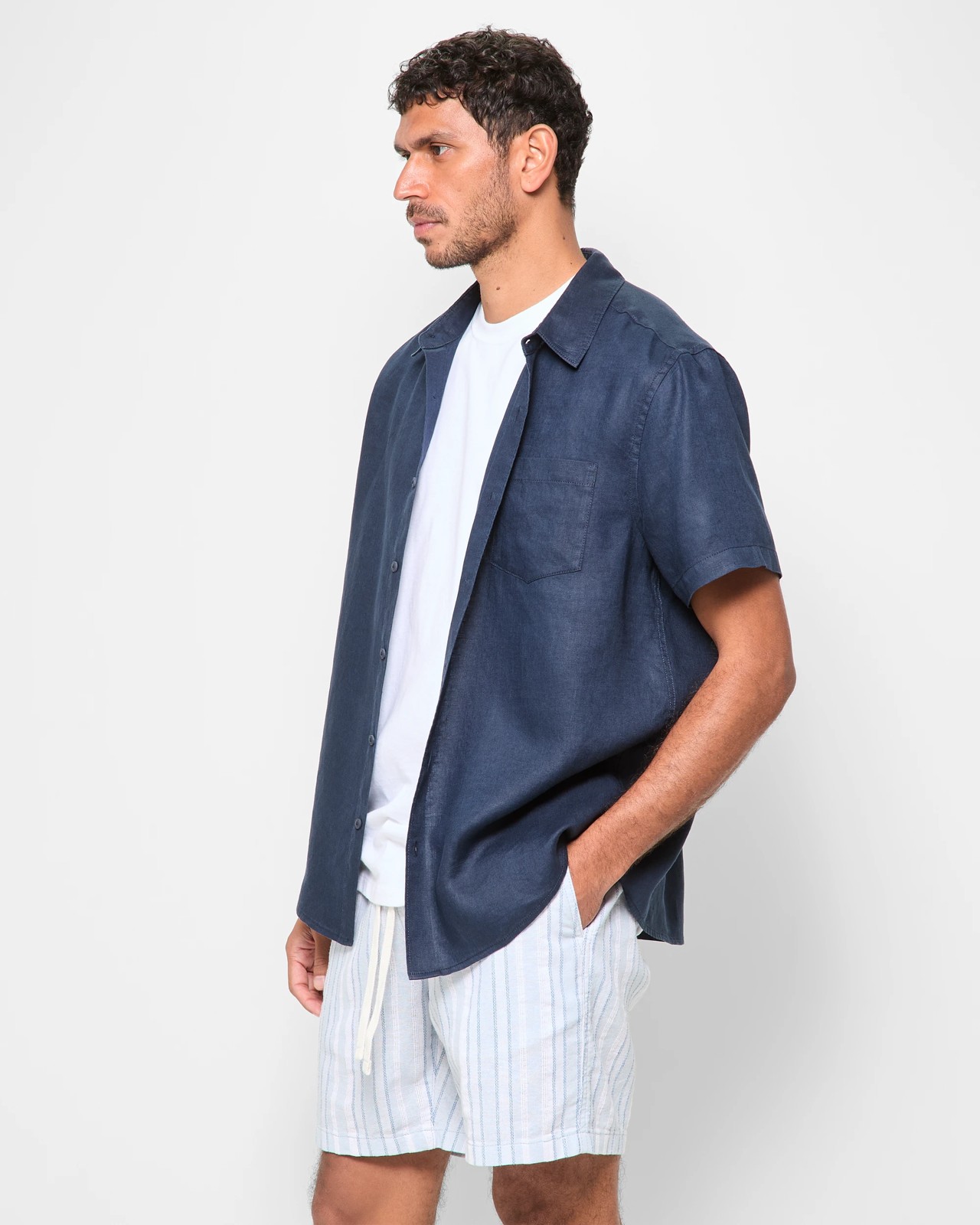European Linen Short Sleeve Shirt  - Navy 3 of 6