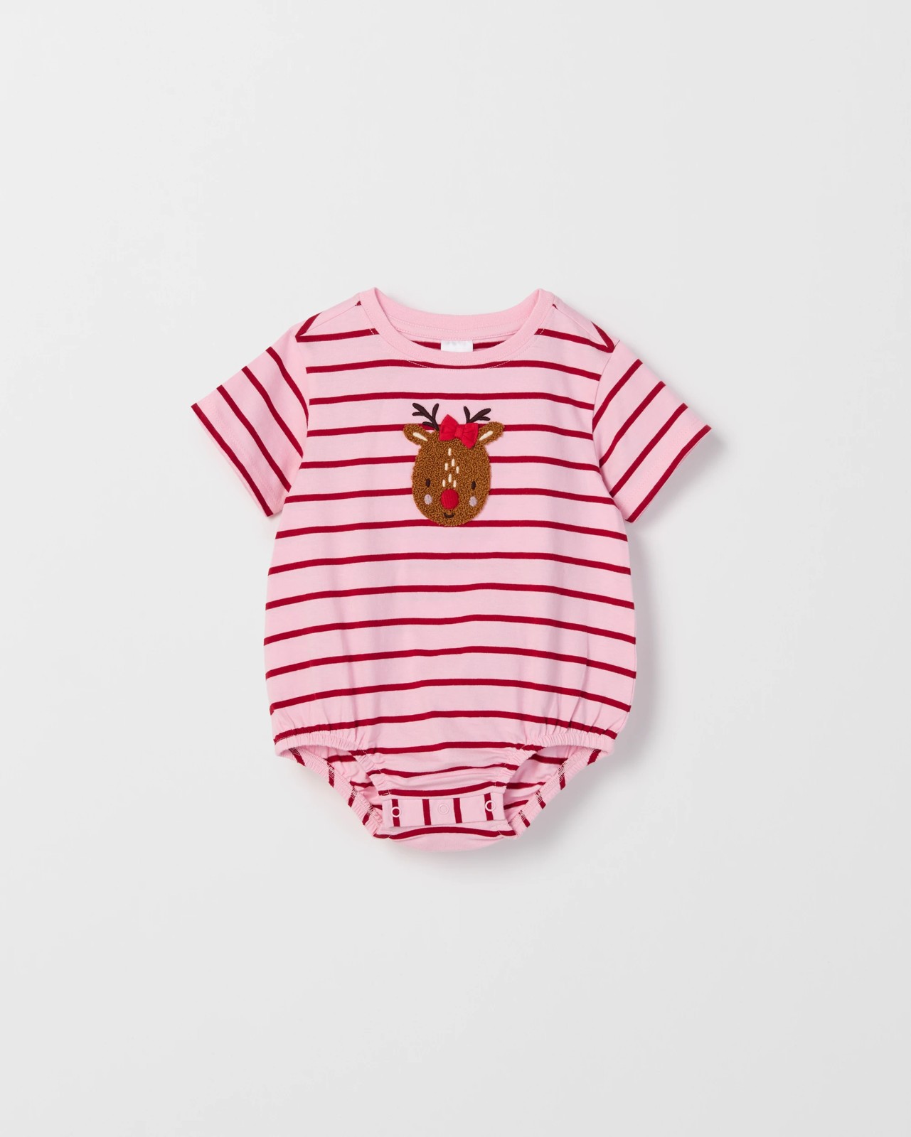 Baby Organic Cotton Short Sleeve Bubble Christmas Bodysuit - Xmas Reindeer Pink 2 of 2