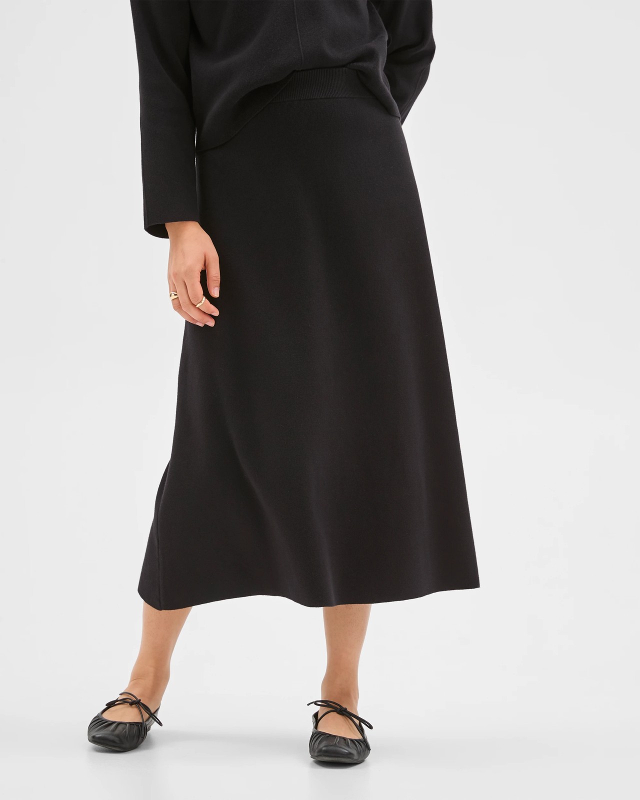 Preview Australian Cotton Blend A-Line Polished Midi Skirt - Black 3 of 5