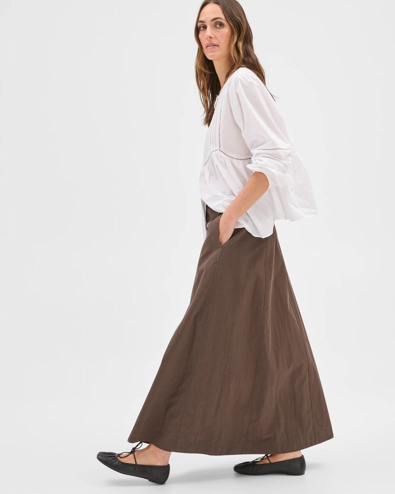 Australian Cotton Blend A-Line Maxi Skirt - Coffee Bean 2 of 5