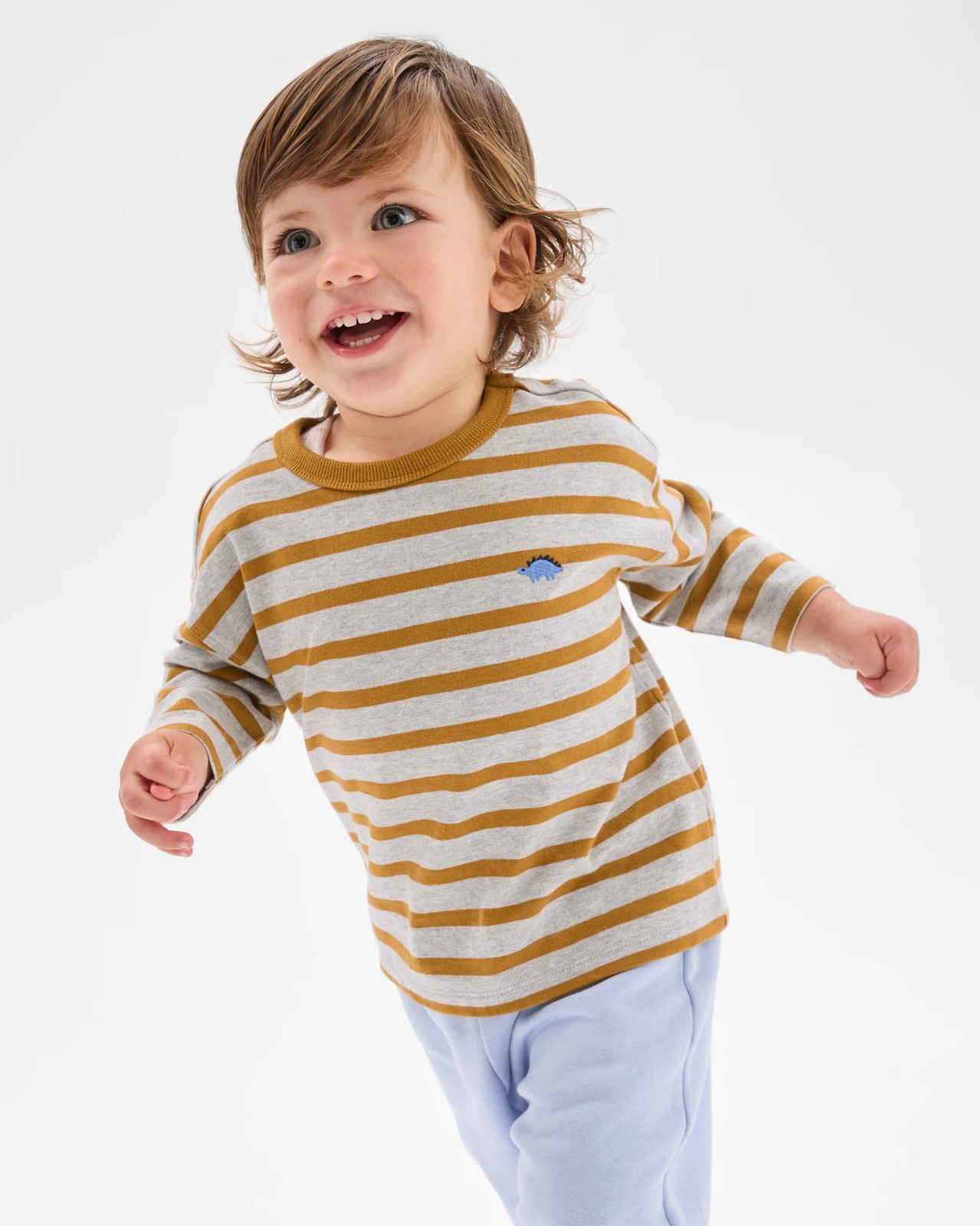 Baby Organic Cotton Long Sleeve Stripe T-Shirt - Brown Stripe/Grey Marle 3 of 5