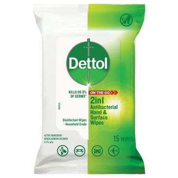 Dettol 2-in-1 Anti-Bacterial Wipes - 15 Pack