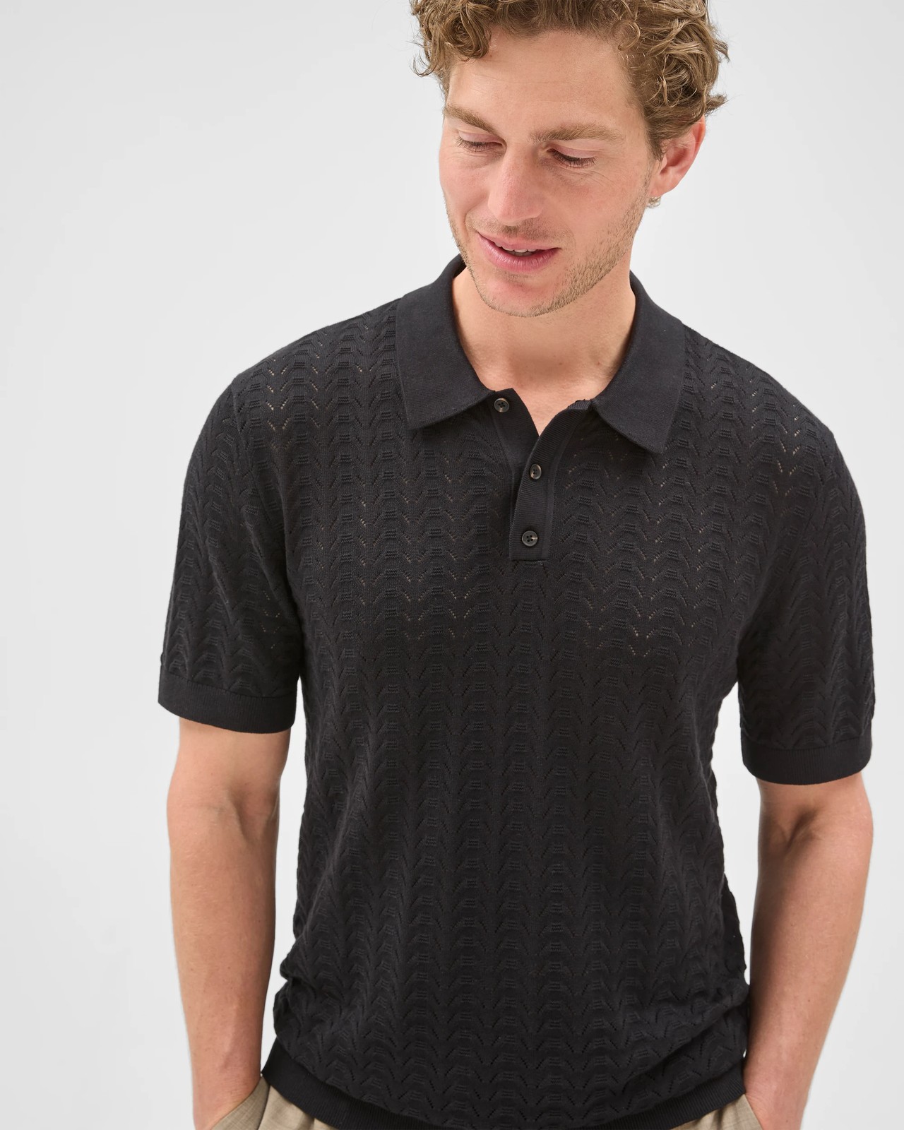 Preview Knitted Textured Polo Top - Black 6 of 6