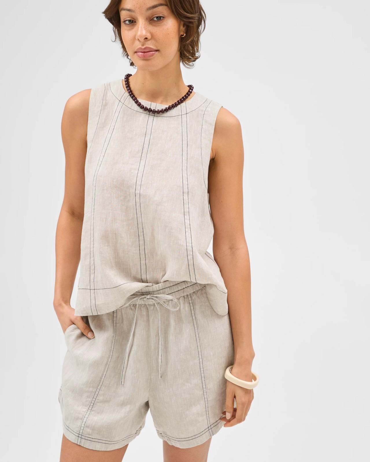 European Linen Contrast Stitch Shorts - Flax 4 of 5