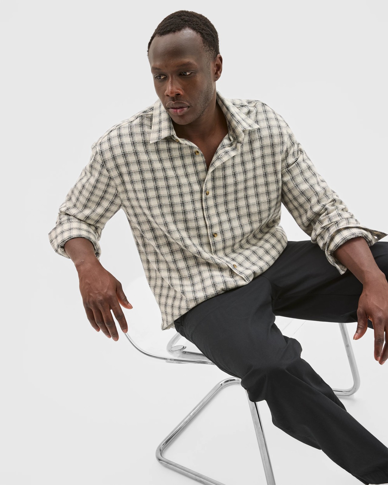 Commons Australian Cotton Boxy Fit Long Sleeve Textured Shirt - Ecru Check 6 of 6