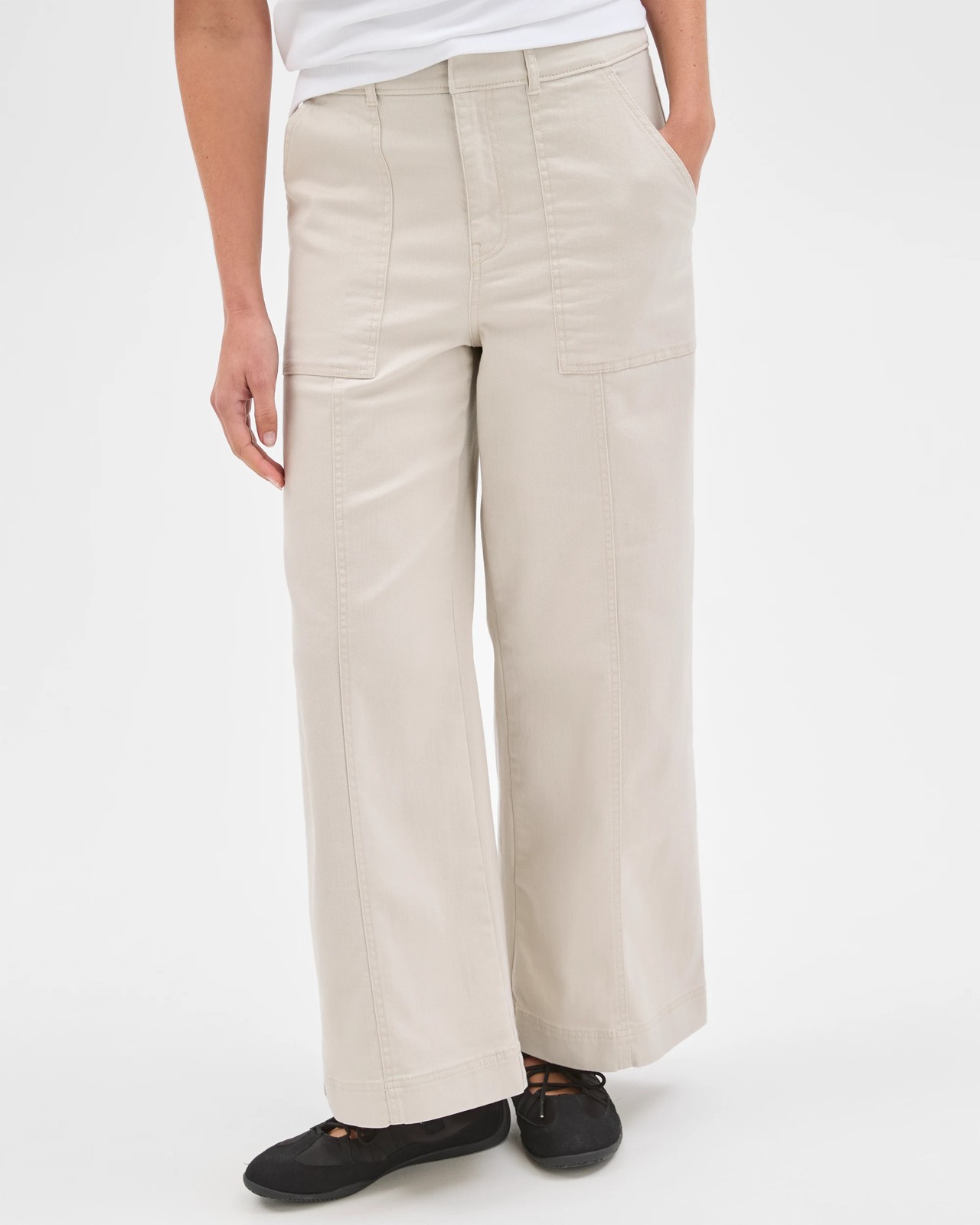 Australian Cotton Blend Stretch Twill Wide Leg Pants - Parchment 3 of 5