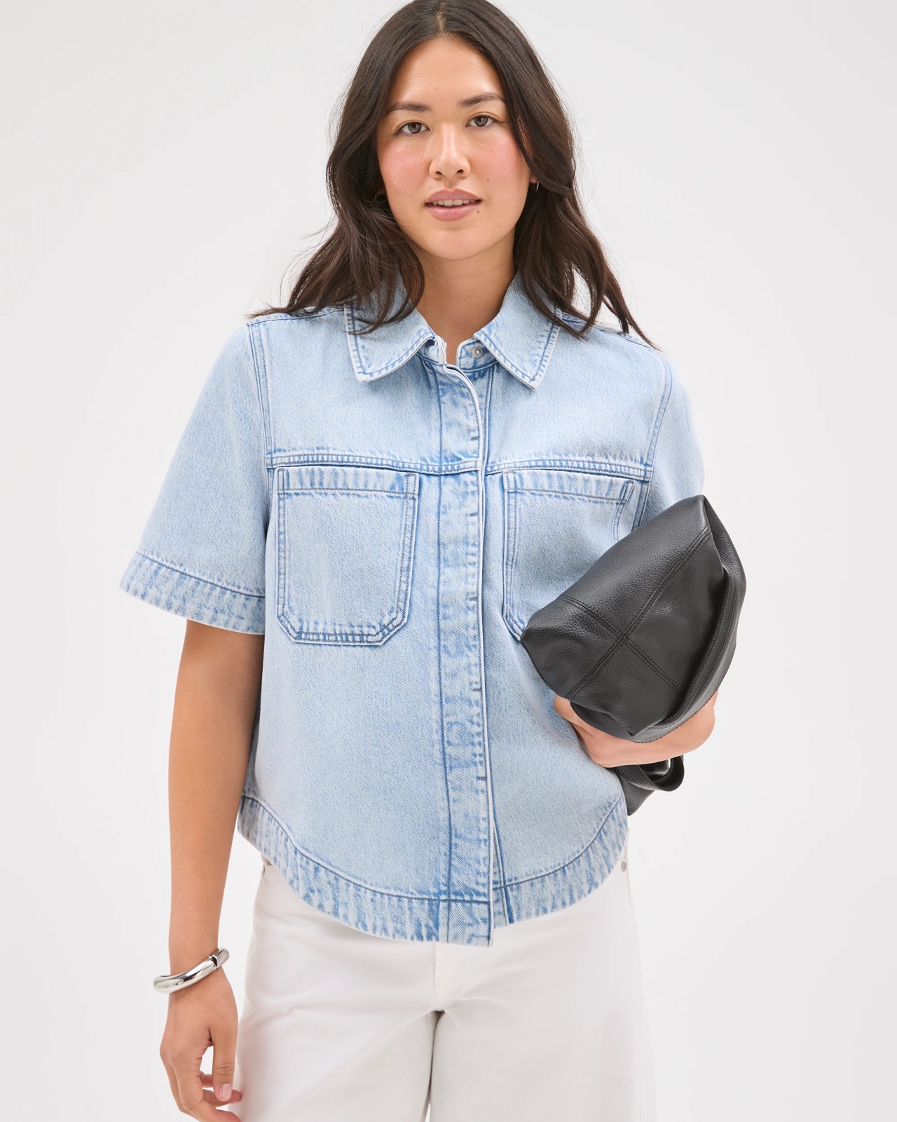 Short Sleeve Concealed Placket Denim Shirt 2 of 5