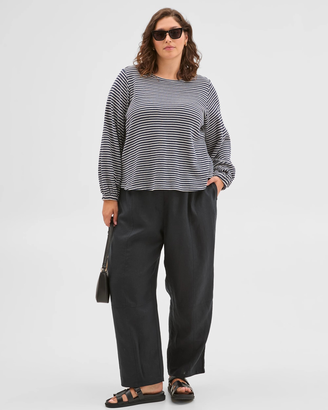 Plus Size Australian Cotton Long Sleeve Stripe Textured Top - Navy Blazer/Cloud Dancer 2 of 6