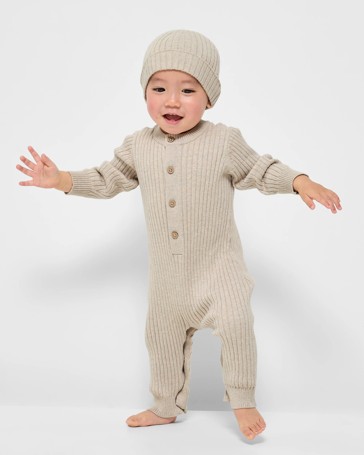 Baby Organic Cotton Ribbed Knit Romper With Beanie