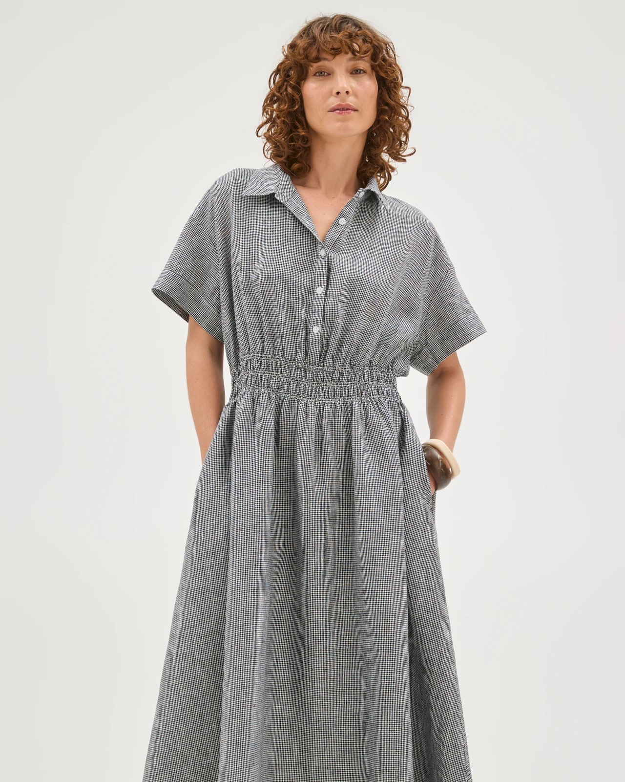 European Linen Shirred Waist Midi Dress - Gingham 2 of 5
