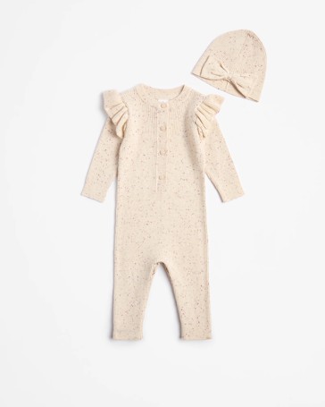 Baby Organic Cotton Rib Knit Ruffle Romper and Beanie