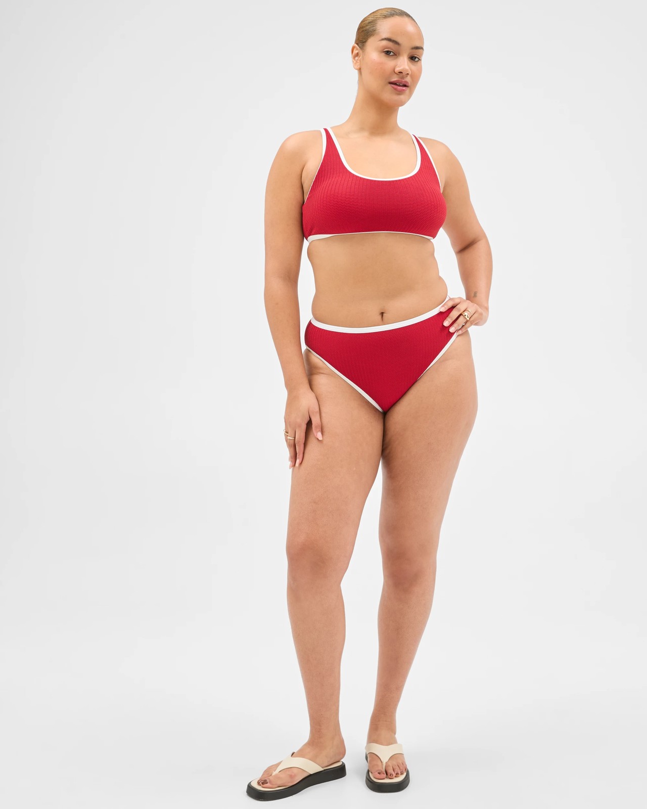 High Waisted High Cut Crinkle Bikini Briefs - Ruby/White 6 of 6
