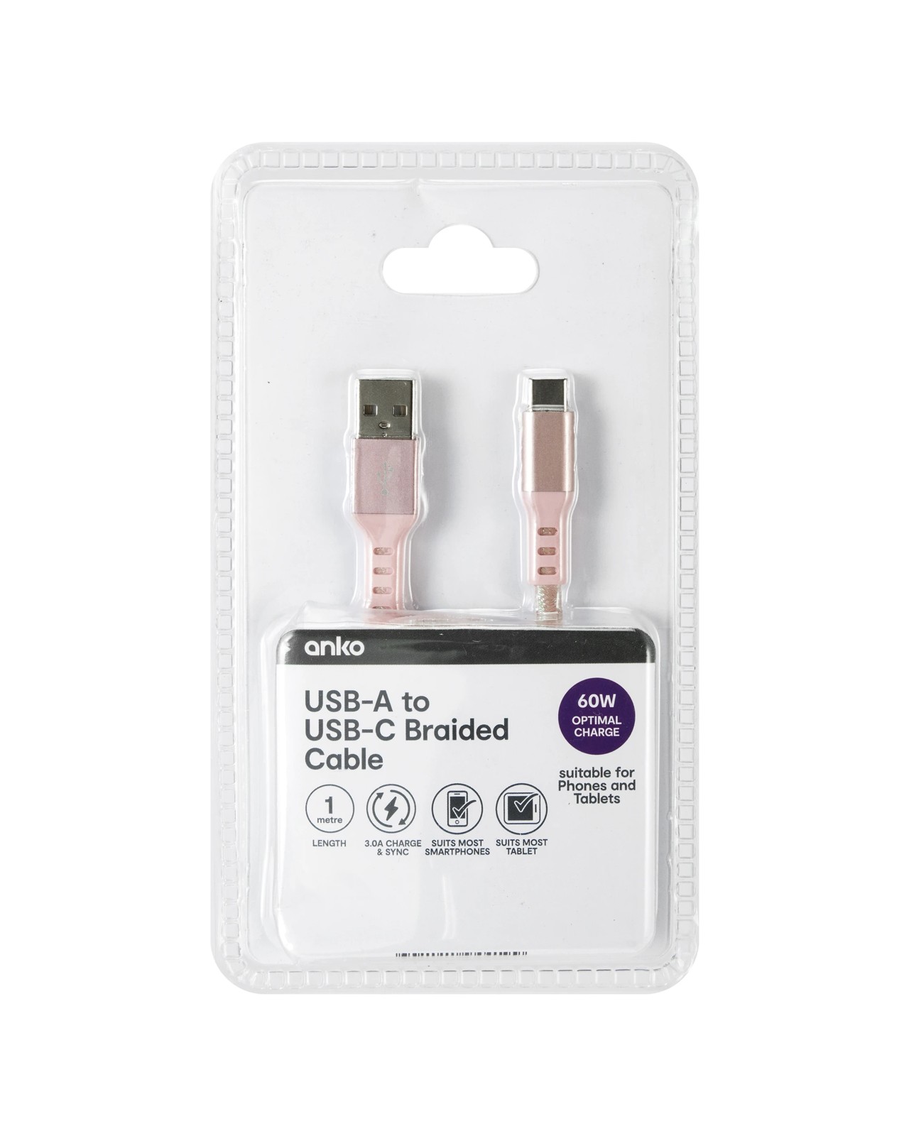 Anko USB-A to USB-C Braided Cable - 1m - Pink 4 of 4