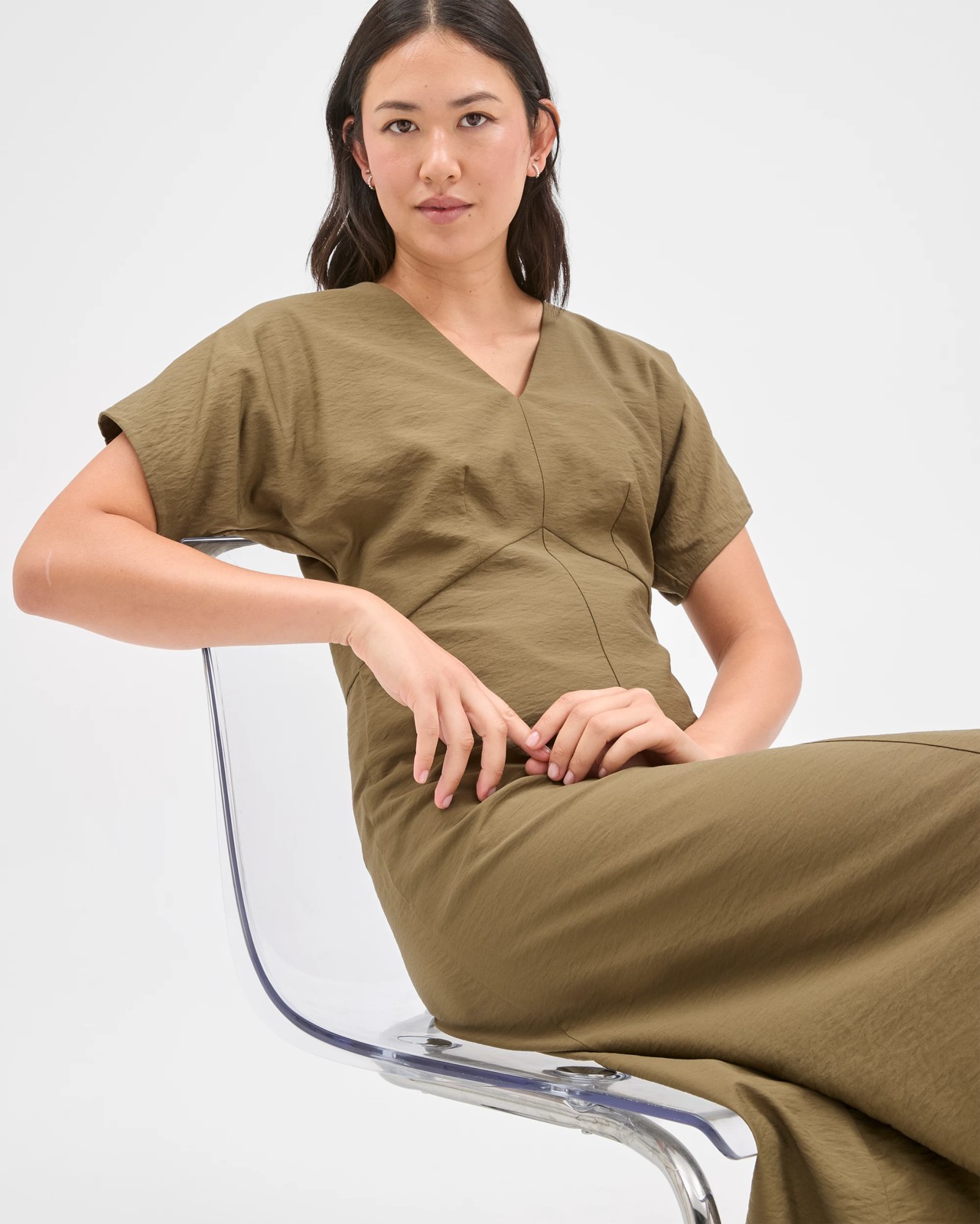Preview Wendy Seam Detail Midi Dress - Khaki Olive 5 of 5