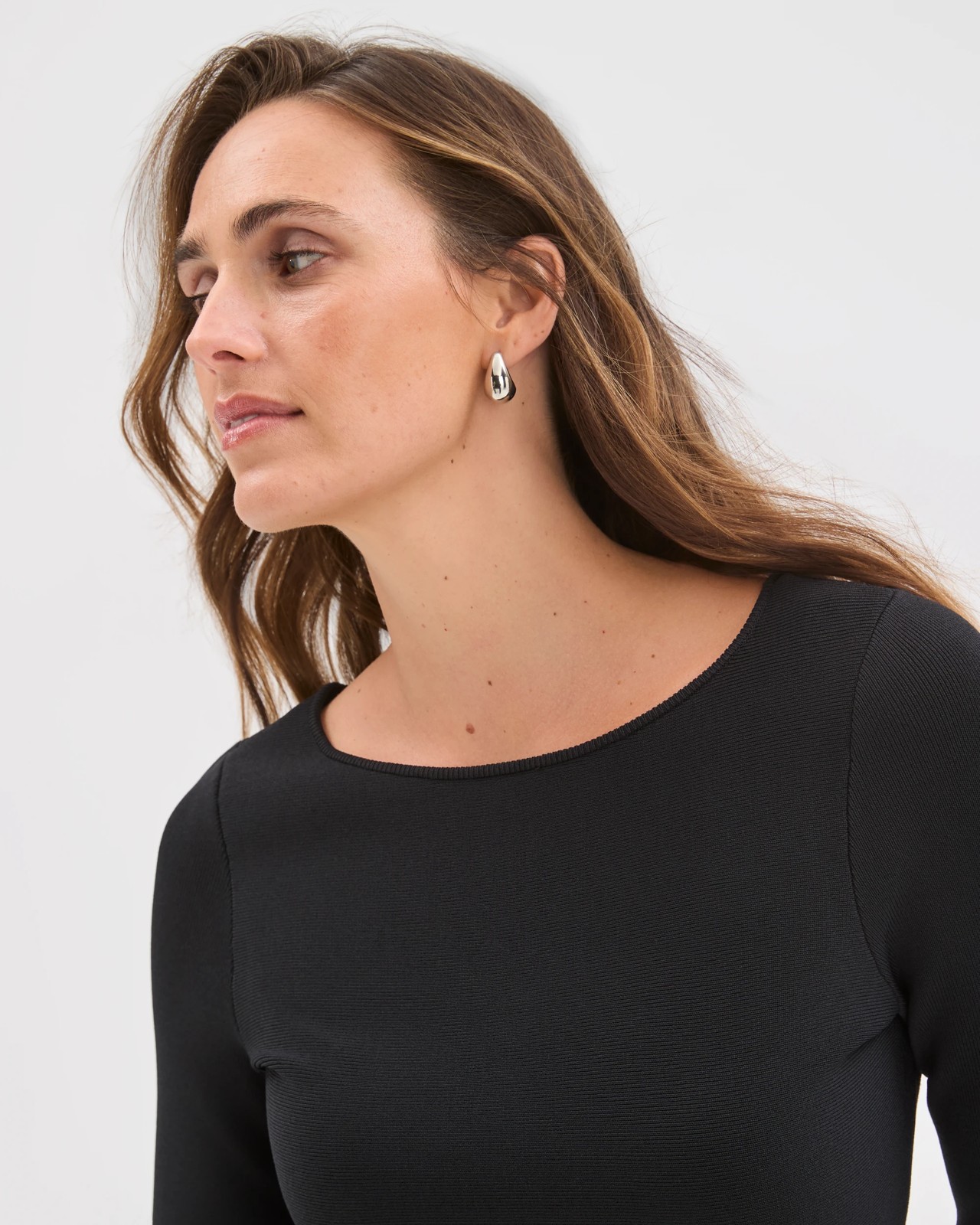 Preview Long Sleeve Peplum Crepe Knit Top - Black 5 of 5
