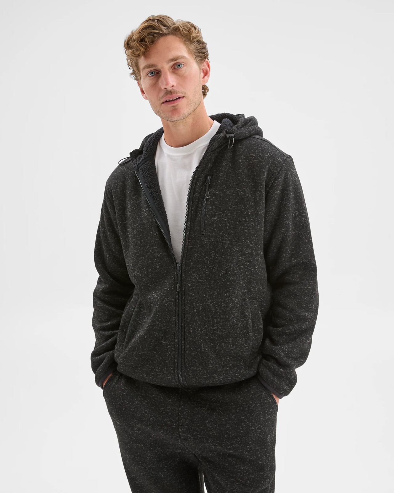 Teddy Lined Zip Through Fleece Hoodie - Black Marle 6 of 6