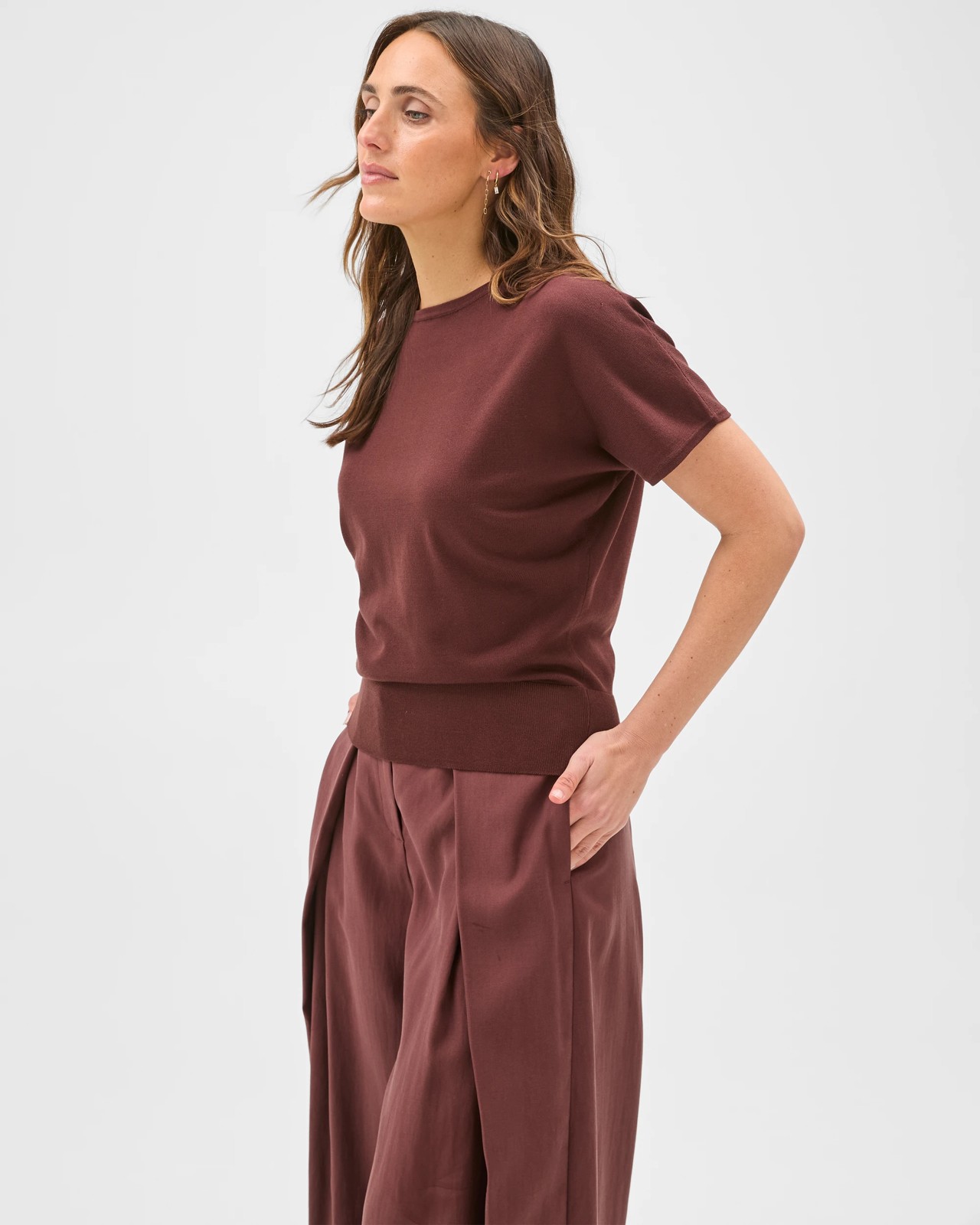 Preview Extended Short Sleeve Knit Top - Dark Chocolate 5 of 6