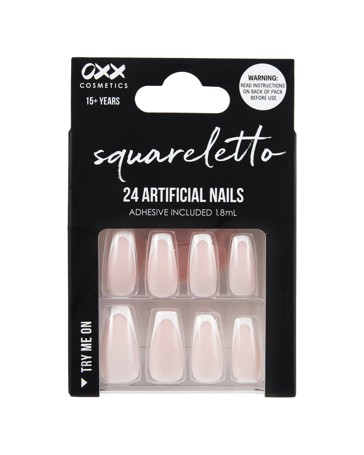 OXX Cosmetics 24 Pack Artificial Nails with Adhesive, Pointed Stiletto Shape - French Tip
