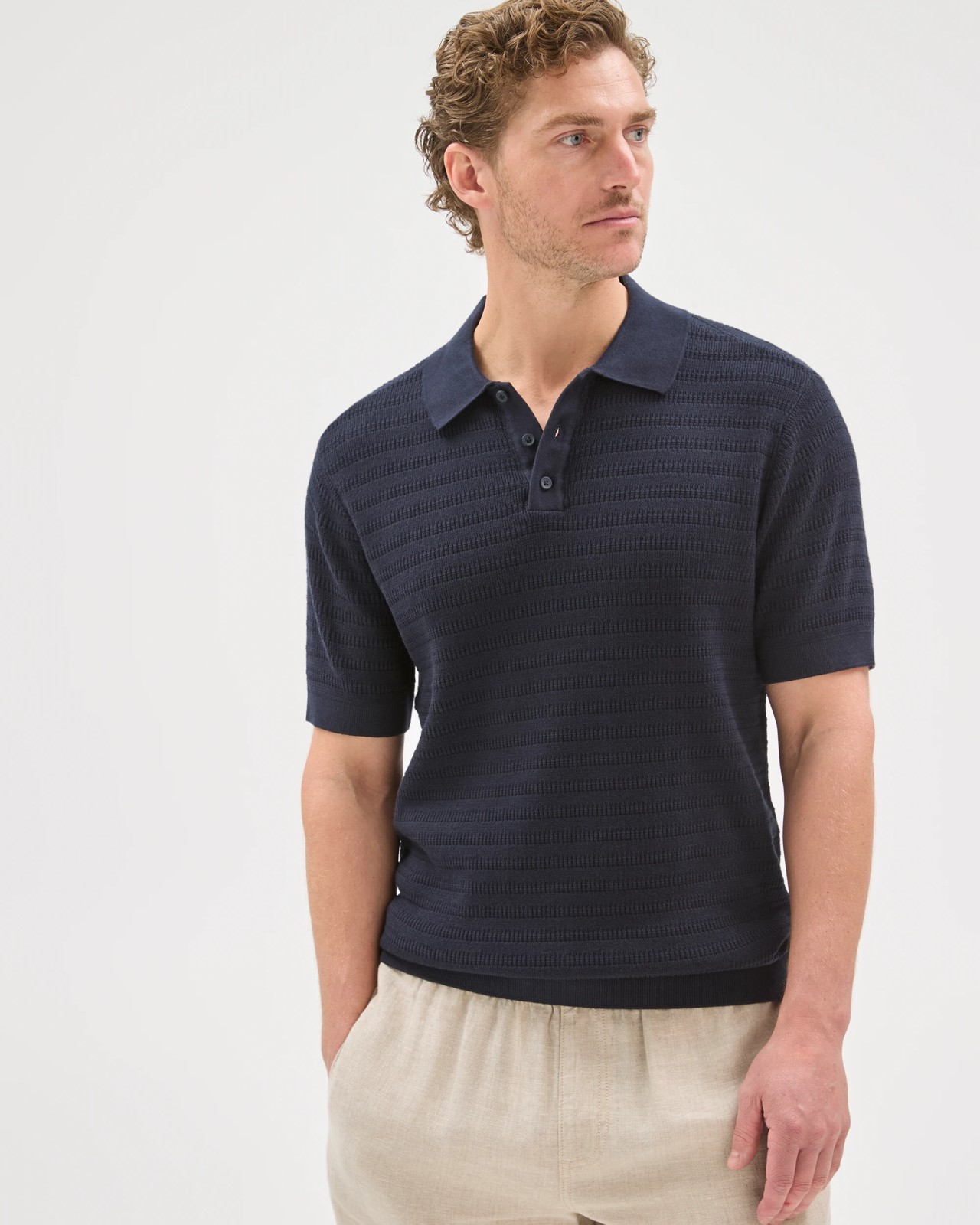 Australian Cotton Patterned Knit Polo Top - Navy 2 of 6