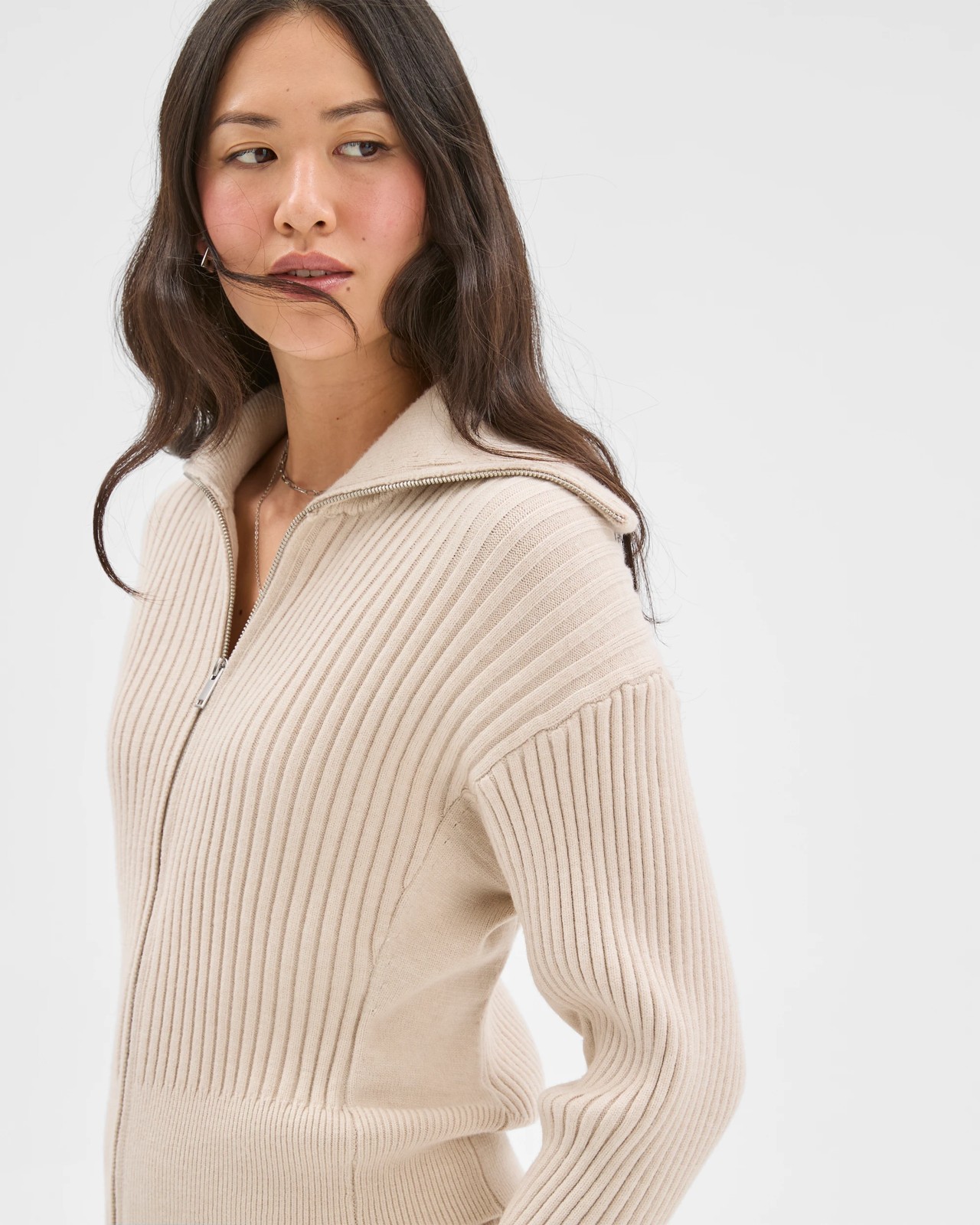Clean Knit Rib Zip Through Jumper - Birch Marle 4 of 5