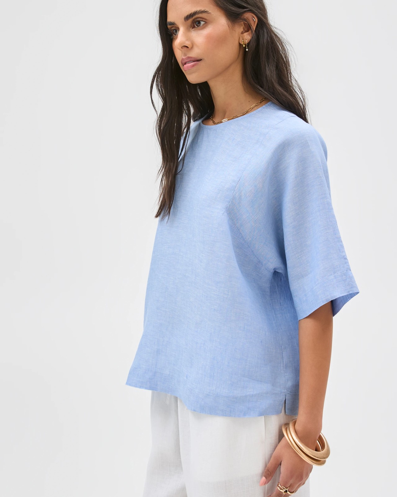 European Linen Seamed T-Shirt  - Blue Bouquet 3 of 5