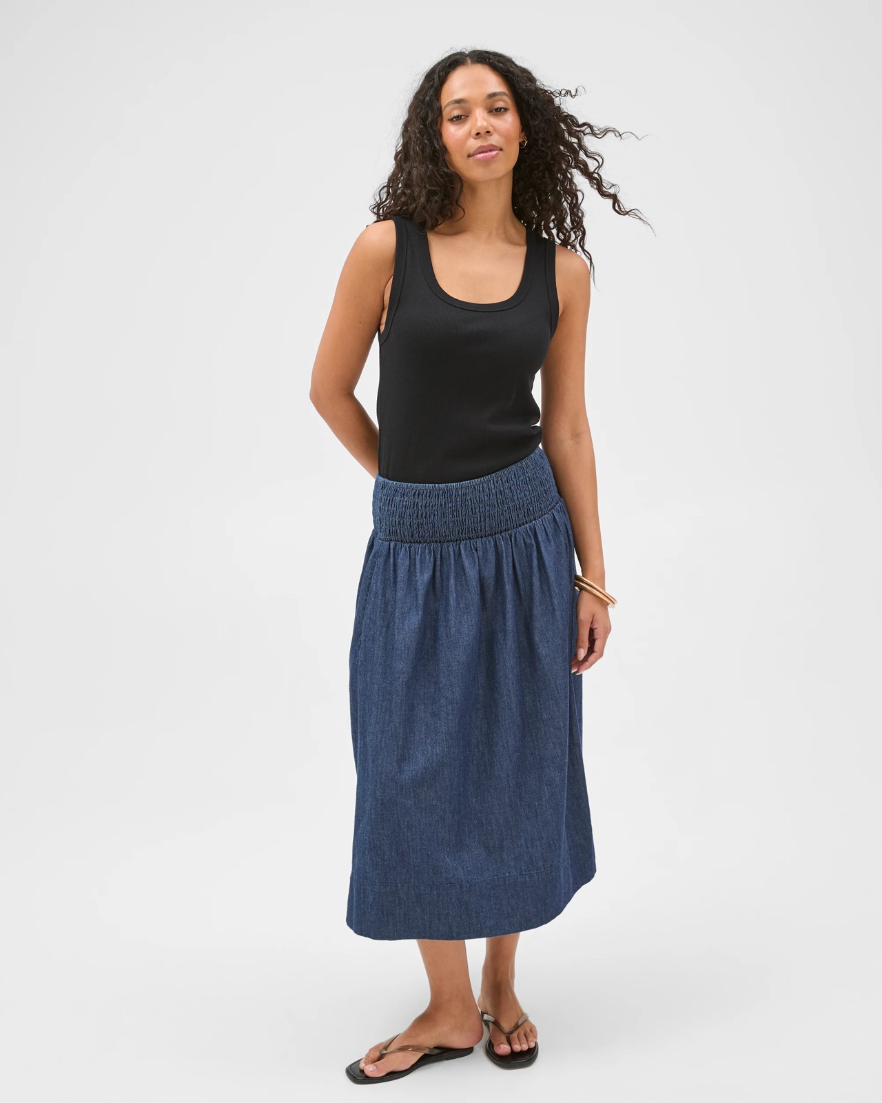 Cotton Shirred Midi Chambray Skirt 4 of 6