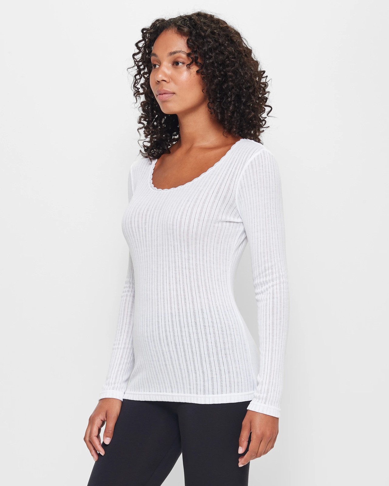 White Pointelle Long Sleeve Thermal Top