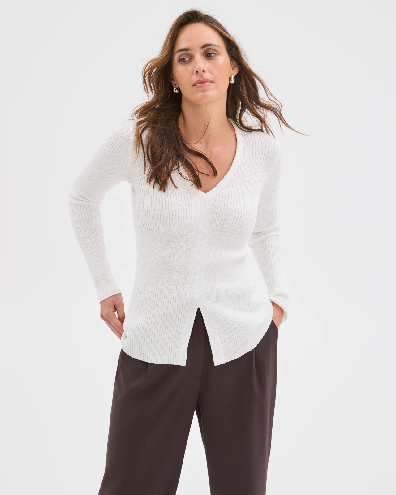 Preview Long Sleeve V-Neck Boucle Knit Top - White 3 of 5