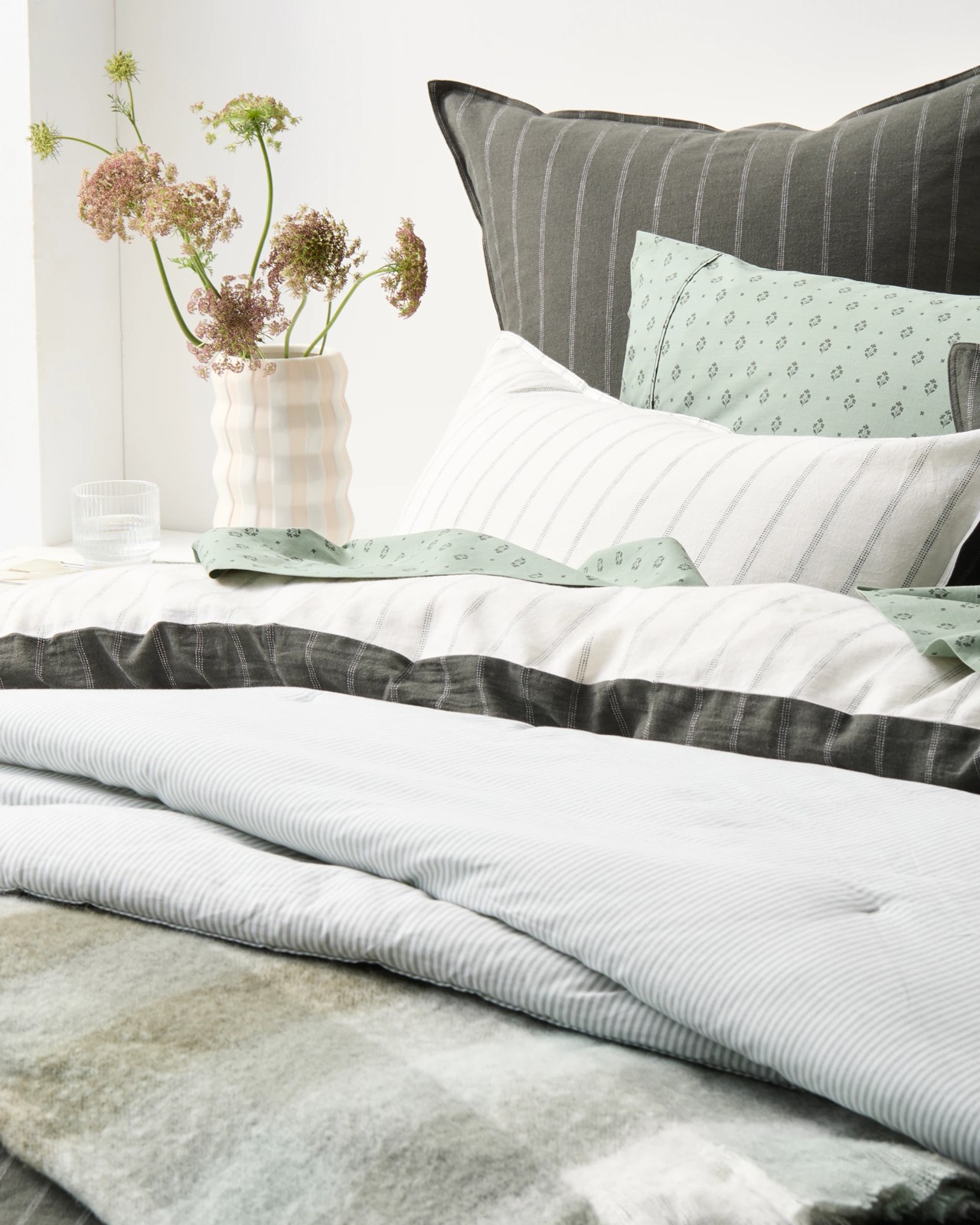 Adelle Stripe Linen/Cotton Quilt Cover Set - Moss 6 of 6