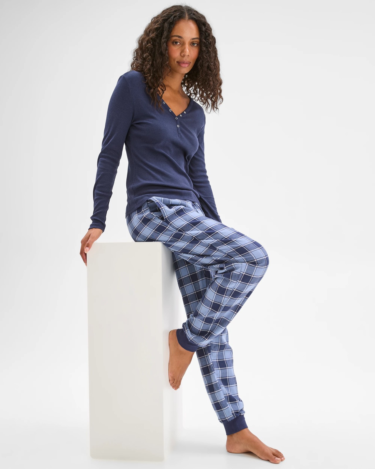 Australian Cotton Flannelette Jogger Sleep Pants - Navy Buffalo Check 2 of 6