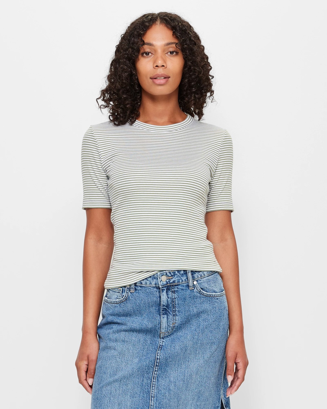 Australian Cotton Rib Layer T-Shirt - Sage/White Stripe