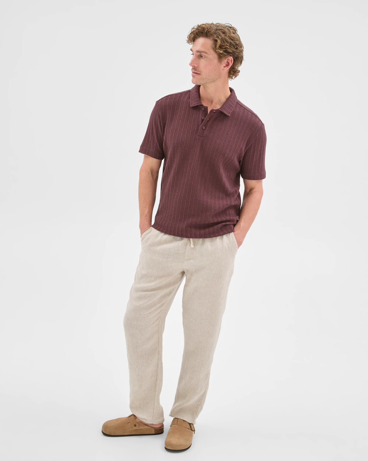 Australian Cotton Blend Pointelle Polo Top - Fudge 2 of 5