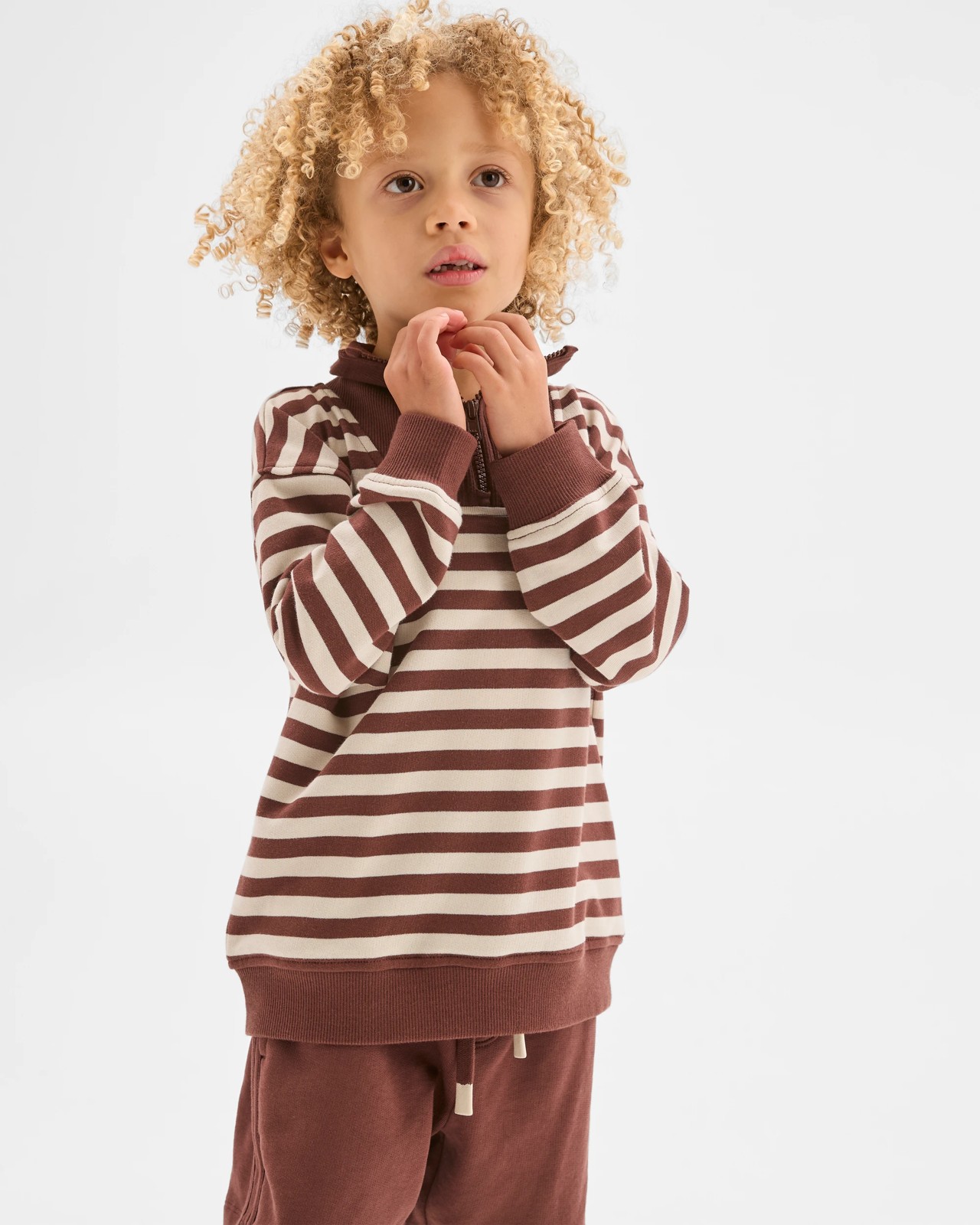 Australian Cotton 1/4 Zip Jumper & Shorts 2 Piece Set  - Brown Stripe 2 of 5