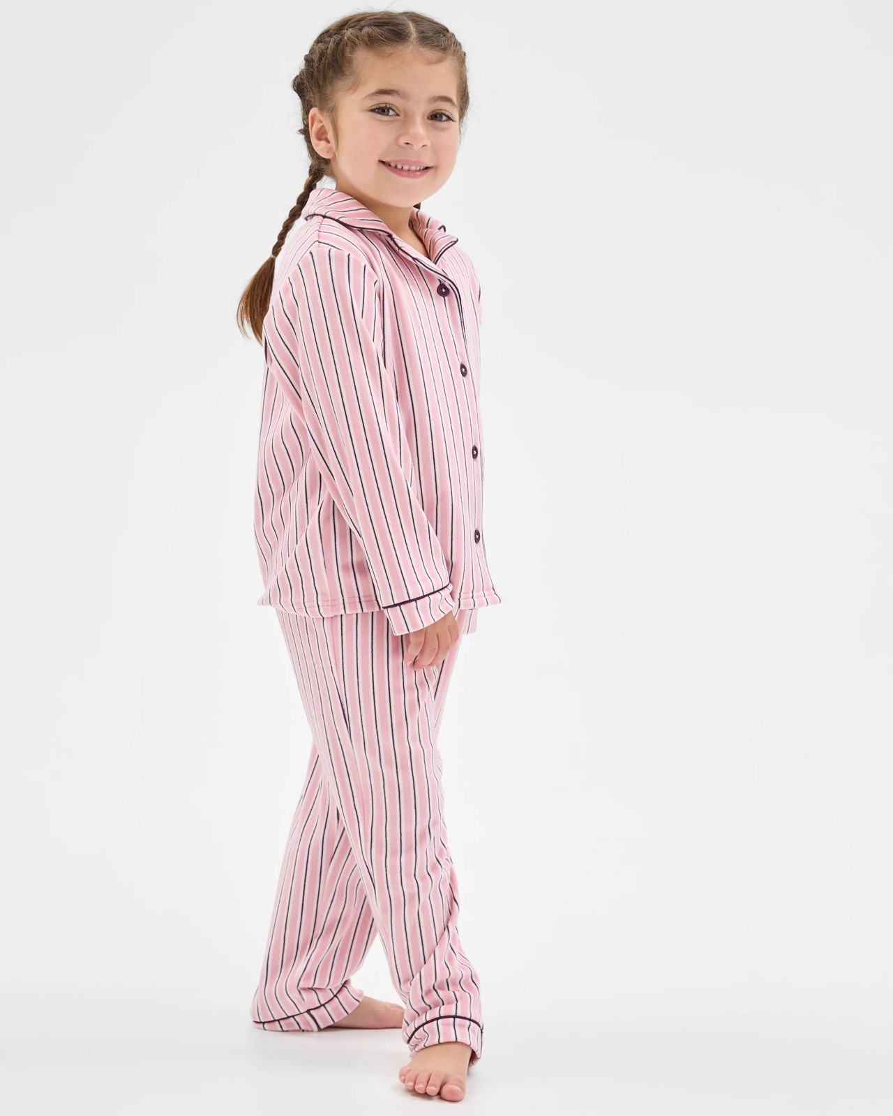 Younger Girls Button Through Fleece Pyjama Set - Stripe 2 of 6