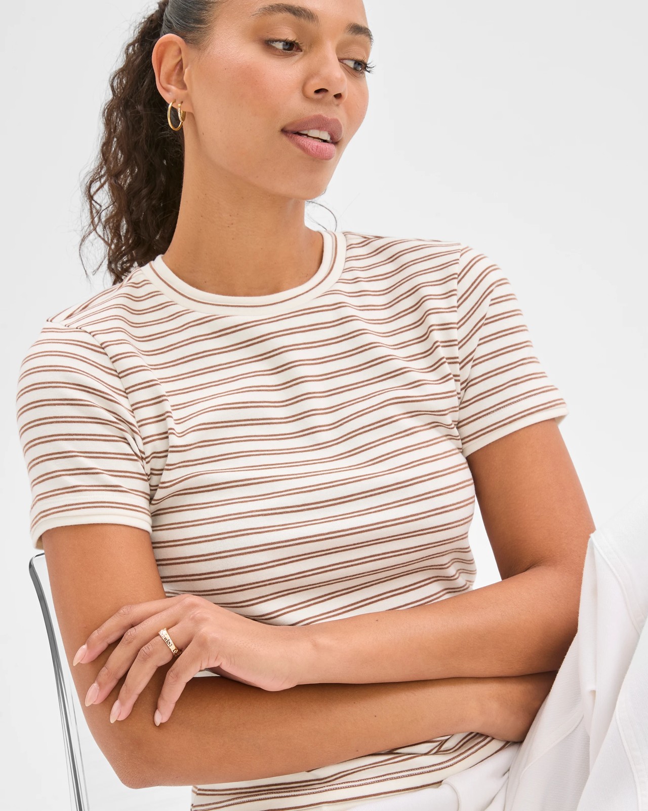 Soft Touch Double Layer Fitted T-Shirt - Butterscotch/Cloud Dancer Stripe 5 of 6