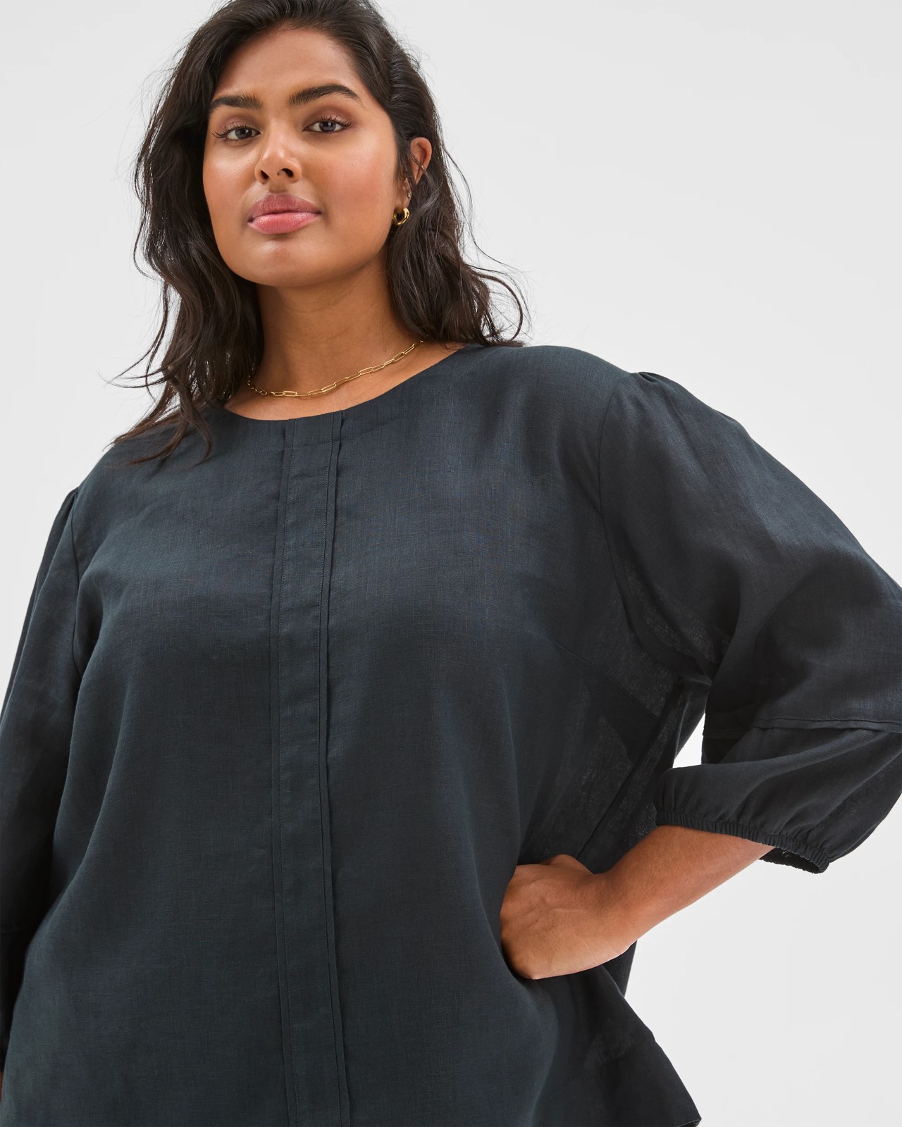 Plus Size European Linen Balloon Sleeve Blouse 3 of 6