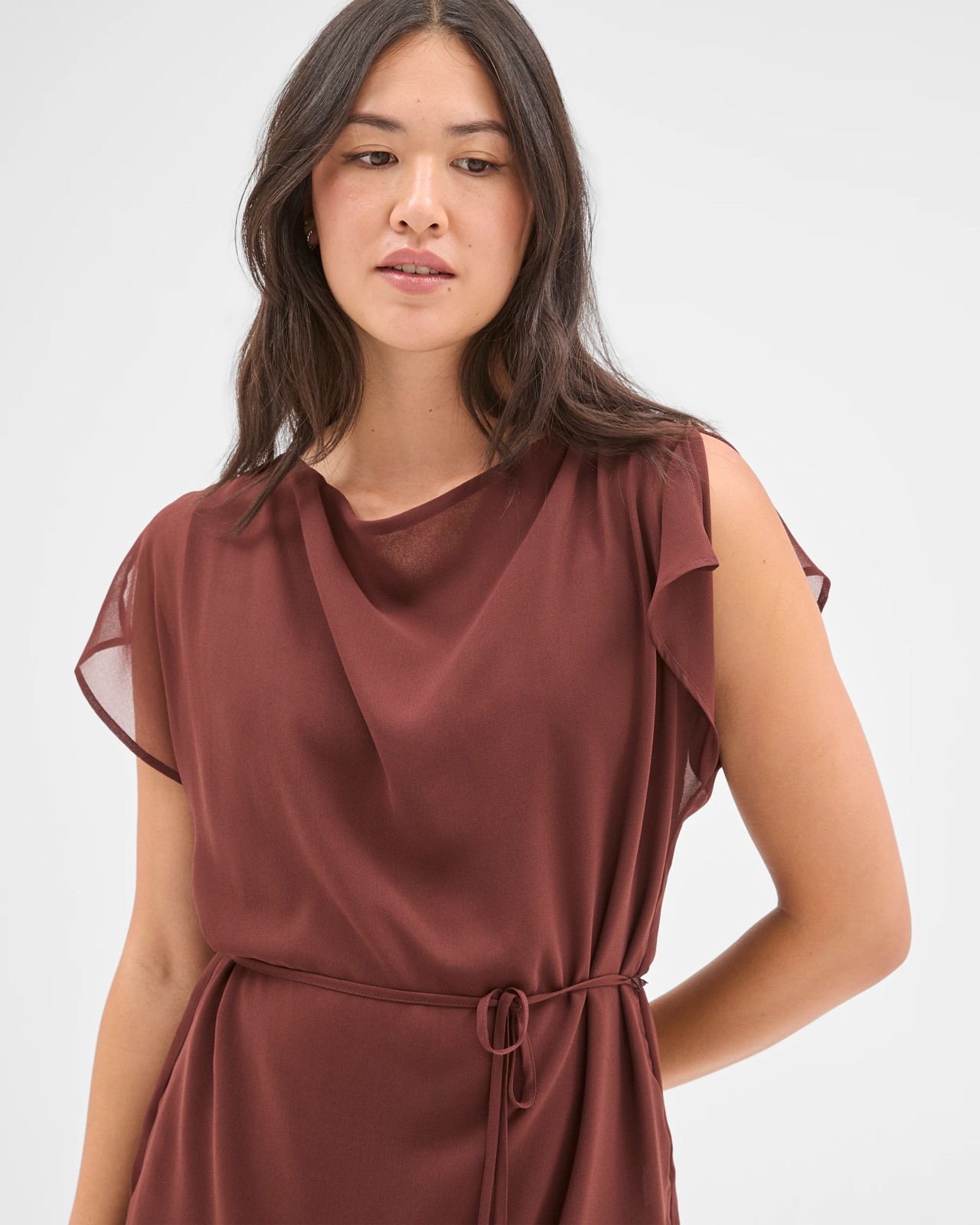 Preview Sheer Soft Drape Blouse - Dark Chocolate 6 of 6