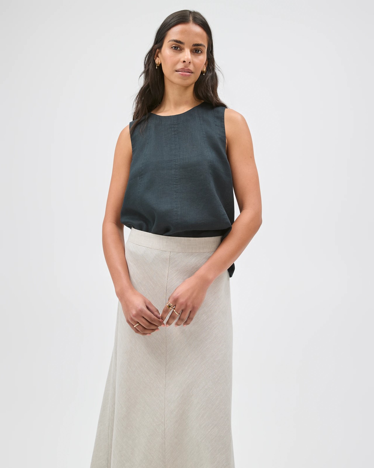 European Linen Seam Detail Midi Skirt - Flax 4 of 5