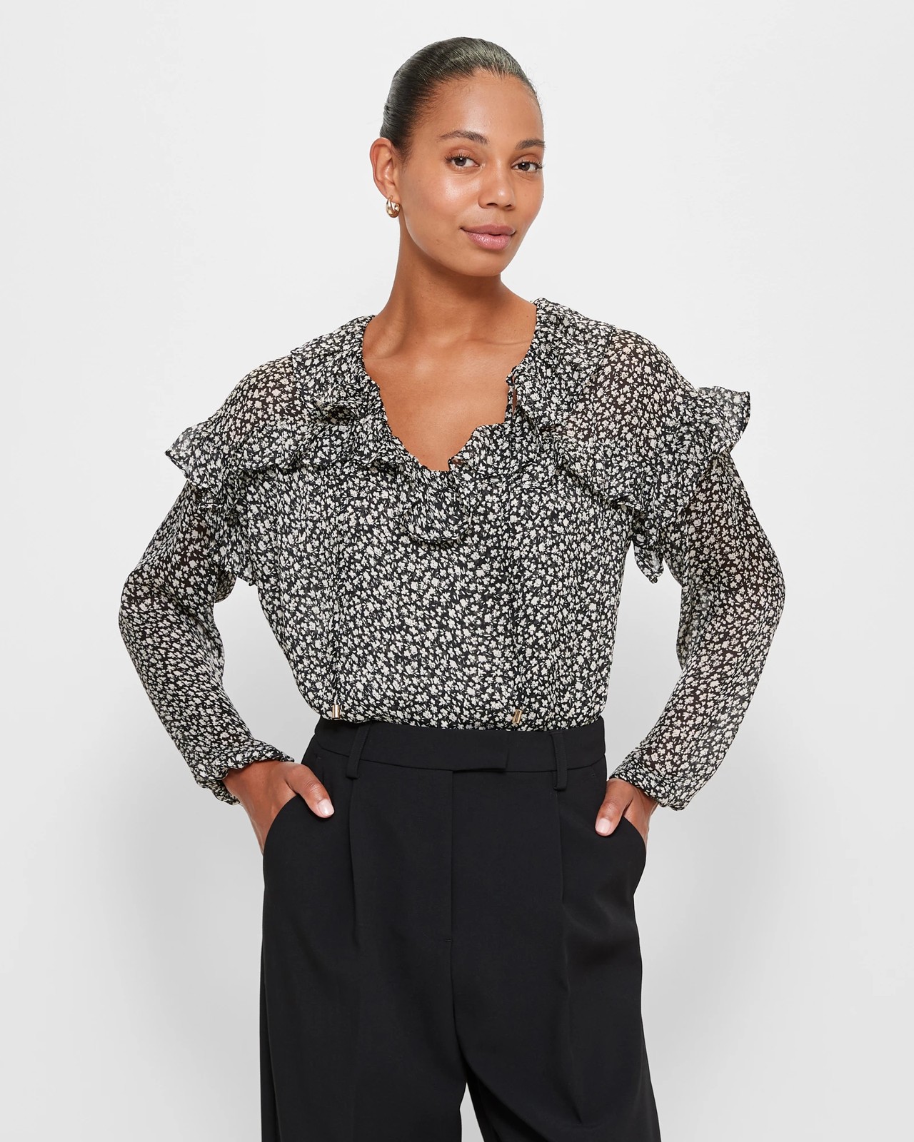 Long Sleeve Ruffle V-Neck Blouse - Preview