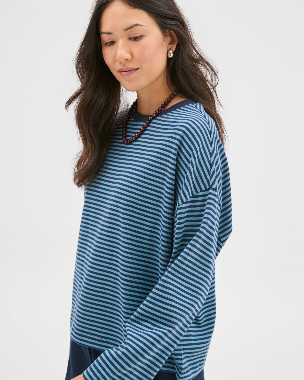 Australian Cotton Long Sleeve Heavyweight Oversized T-Shirt - Ink Navy/Dusty Blue Stripe 6 of 6