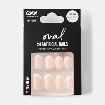 24 Pack Artificial Nails with Adhesive, Oval Shape, French Tip - OXX Cosmetics