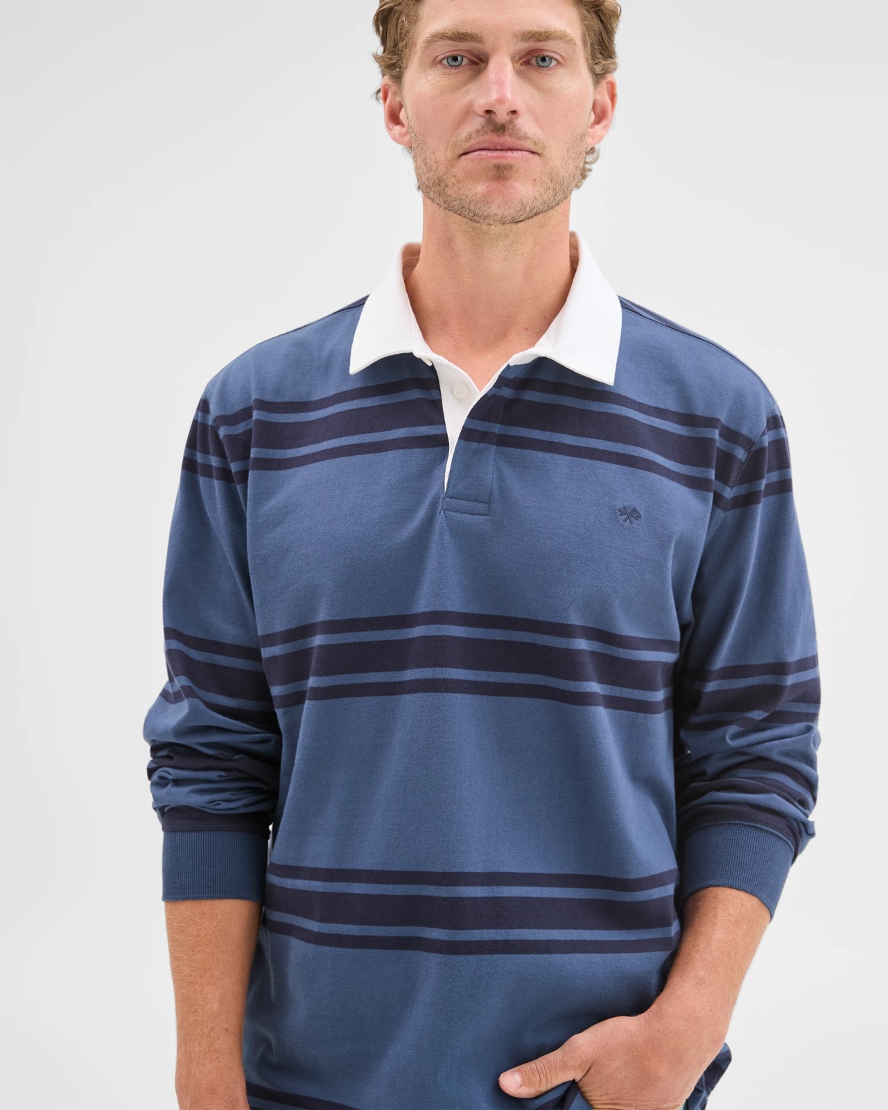 Australian Cotton Long Sleeve Rugby Polo Top - Denim Stripe 4 of 5